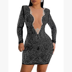 Black Deep V Neck Rhinestone Long Sleeve Bodycon Dress TQK311547-2