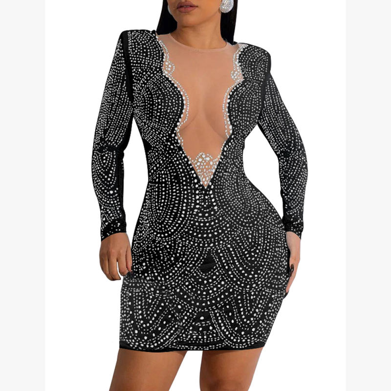 Black Deep V Neck Rhinestone Long Sleeve Bodycon Dress TQK311547-2