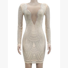Apricot Deep V Neck Rhinestone Long Sleeve Bodycon Dress TQK311547-18