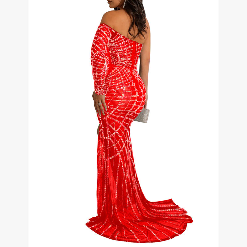 Red Off Shoulder Mesh Rhinestone High Split Maxi Dress TQK311550-3