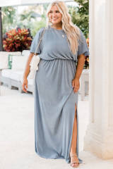 Sky Blue Plus Size Short Sleeves Rib Knit Maxi Dress with Slit PL61549-4