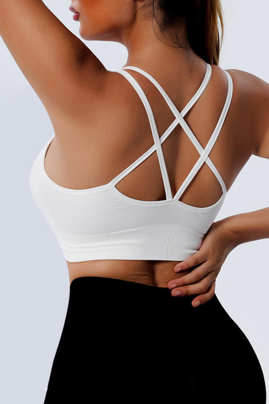 White Ribbed Knit Strappy Back Yoga Bra LC264384-1