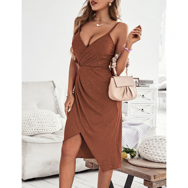 Brown Ribbed Spaghetti Straps V Neck Sparkling Bodycon Dress TQK311033-17