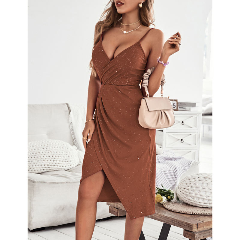Brown Ribbed Spaghetti Straps V Neck Sparkling Bodycon Dress TQK311033-17