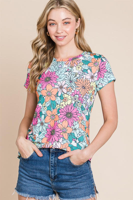 Multicolor Floral Print Asymmetric Hem Short Sleeve Top LC25220722-22