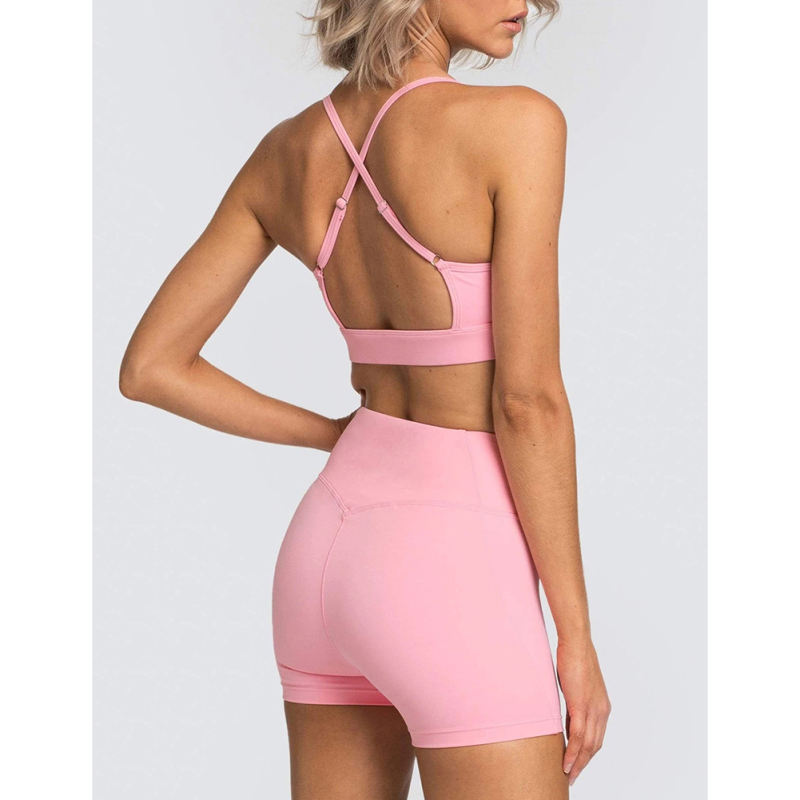 Pink White Back Criss Yoga Bra with Shorts Set TQL710038-10