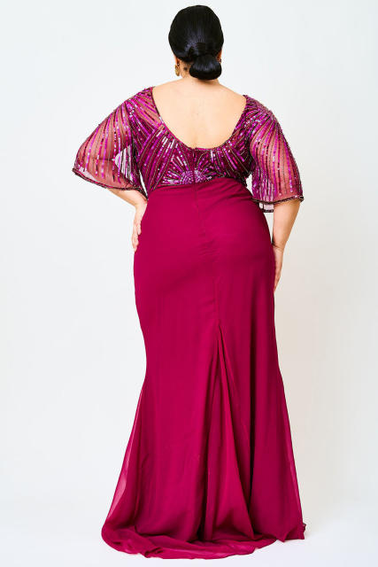Red Sequin Mesh Open Back Plus Size Maxi Dress PL61526-3