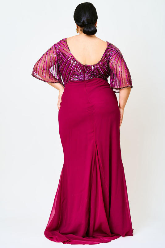 Red Sequin Mesh Open Back Plus Size Maxi Dress PL61526-3