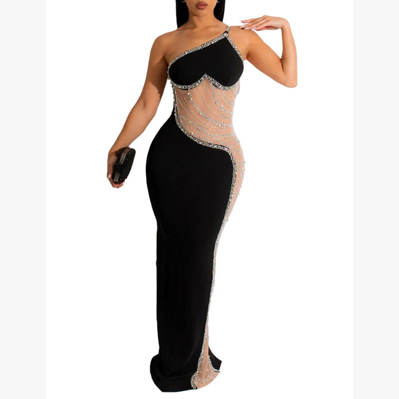 Black Rhinestone Pearl Mesh One-shoulder Maxi Dress TQK311552-2