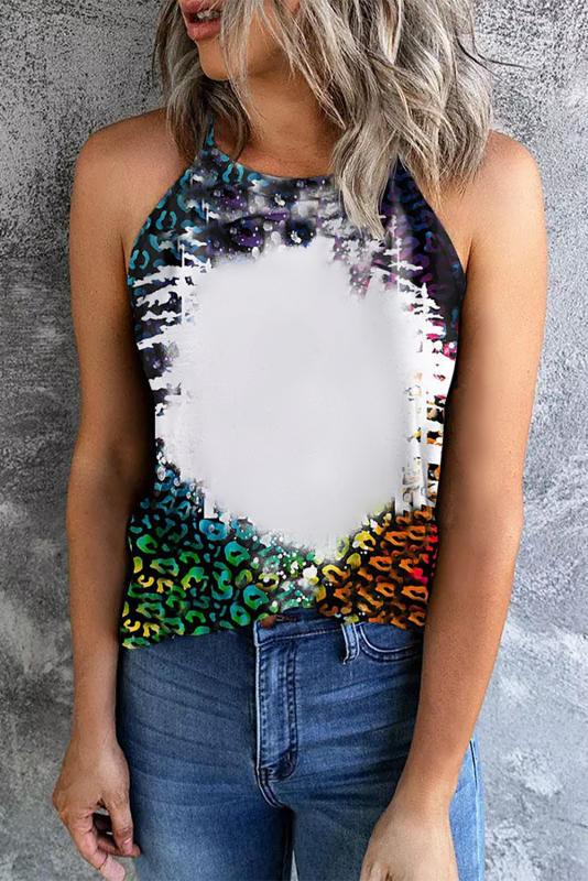 Black Leopard Bleached Print Round Neck Tank Top LC2568880-2