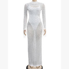 White Rhinestone Mesh Long Sleeve Maxi Dress TQK311551-1