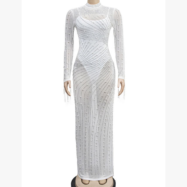 White Rhinestone Mesh Long Sleeve Maxi Dress TQK311551-1