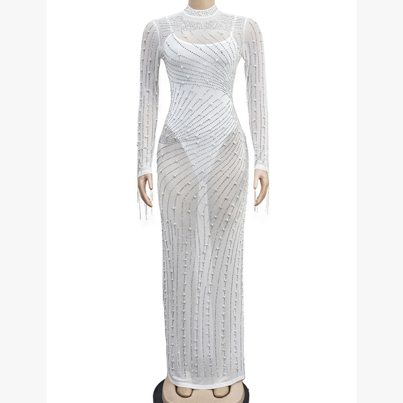 White Rhinestone Mesh Long Sleeve Maxi Dress TQK311551-1