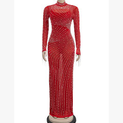 Red Rhinestone Mesh Long Sleeve Maxi Dress TQK311551-3