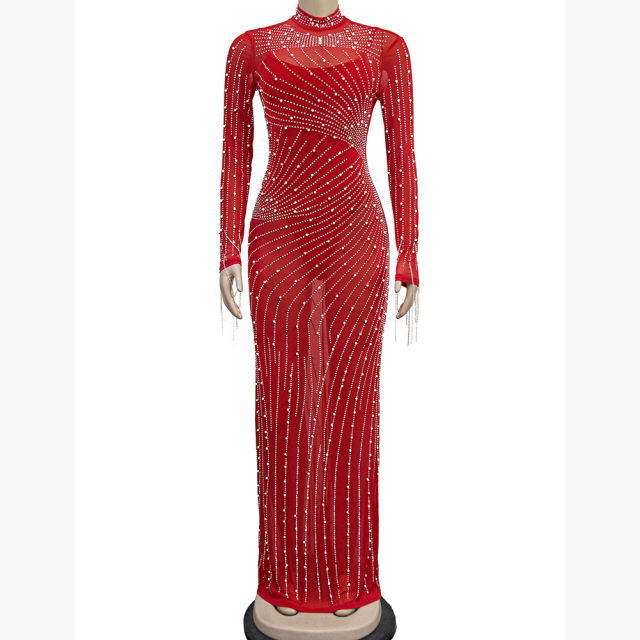 Red Rhinestone Mesh Long Sleeve Maxi Dress TQK311551-3