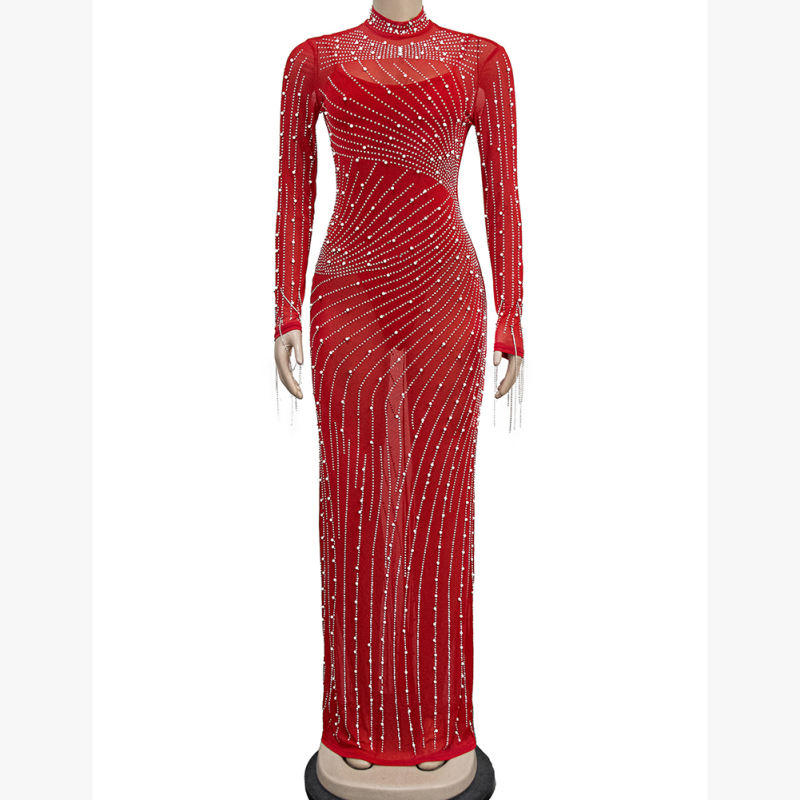 Red Rhinestone Mesh Long Sleeve Maxi Dress TQK311551-3