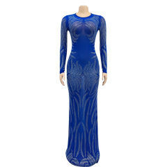 Blue Mesh Rhinestone See Through Long Sleeve Maxi Dress TQK311243-5