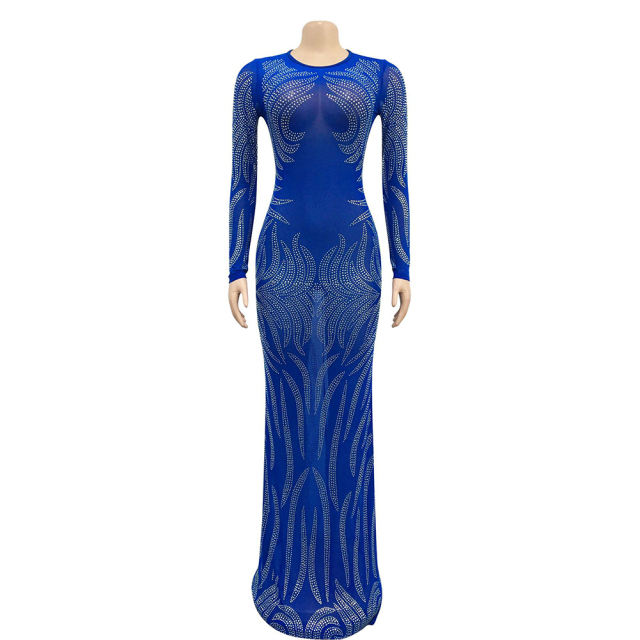 Blue Mesh Rhinestone See Through Long Sleeve Maxi Dress TQK311243-5