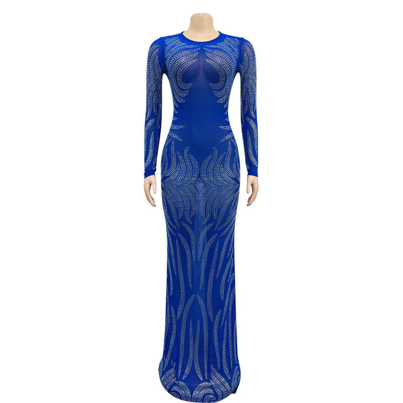 Blue Mesh Rhinestone See Through Long Sleeve Maxi Dress TQK311243-5