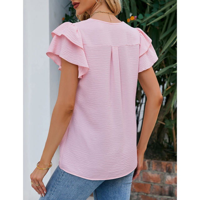 Light pink Chiffon V-neck Ruffled Short Sleeve Top TQG22001-39