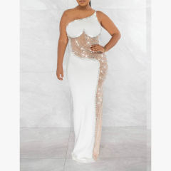 White Rhinestone Pearl Mesh One-shoulder Maxi Dress TQK311552-1