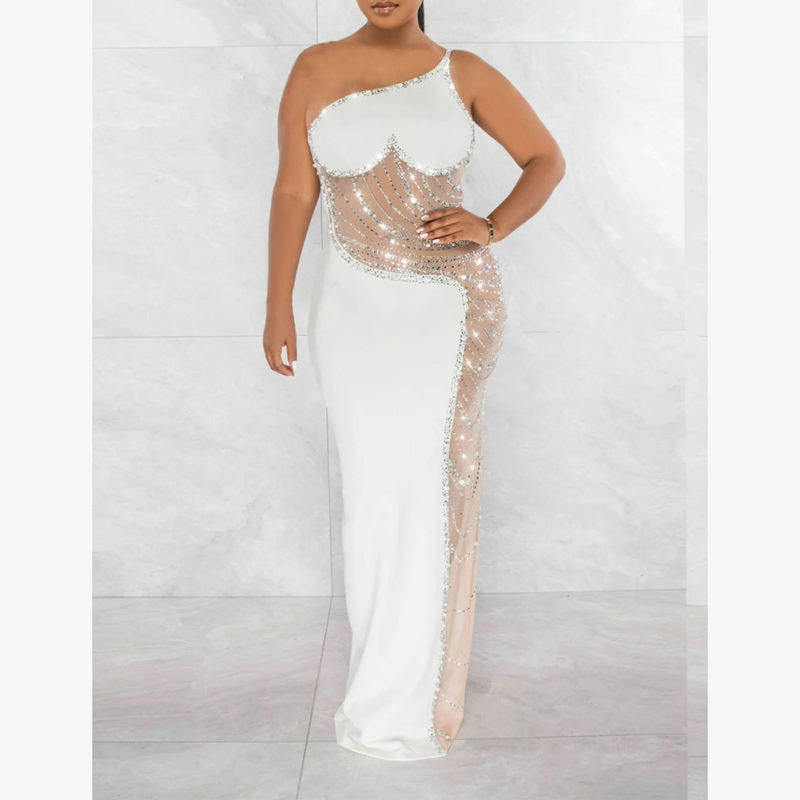 White Rhinestone Pearl Mesh One-shoulder Maxi Dress TQK311552-1