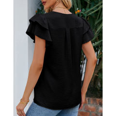 Black Chiffon V-neck Ruffled Short Sleeve Top TQG22001-2