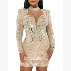Apricot Mesh V Neckline Rhinestone Bodycon Dress TQK311548-18