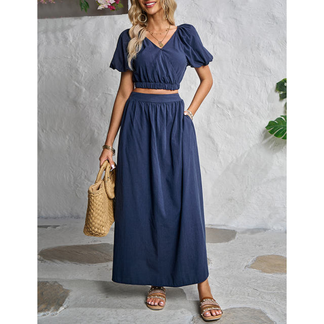 Navy Blue V Neck Crop Top and Pocket Skirt Set TQX711102-34