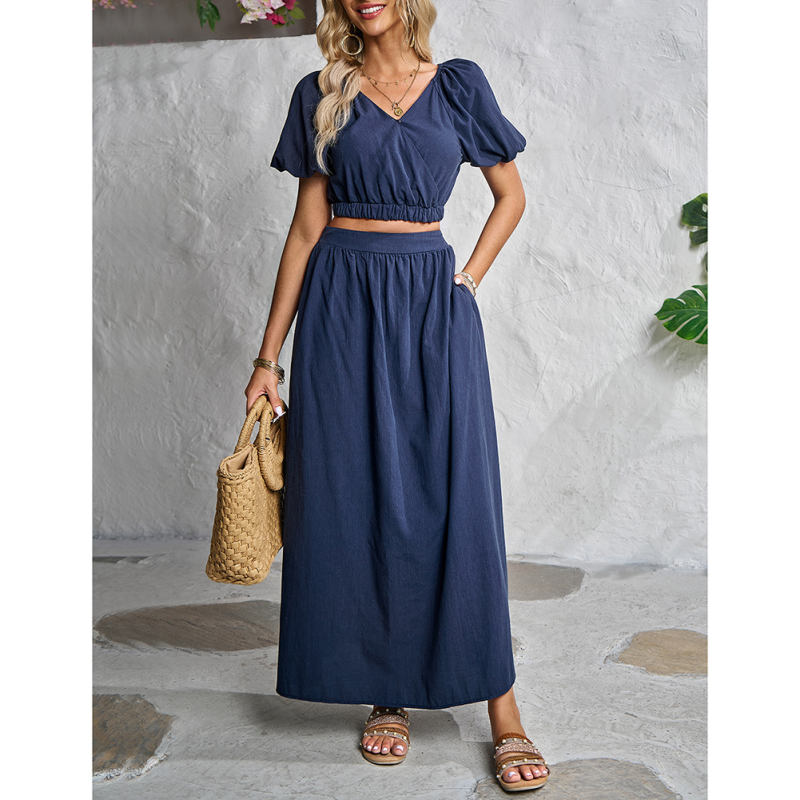 Navy Blue V Neck Crop Top and Pocket Skirt Set TQX711102-34