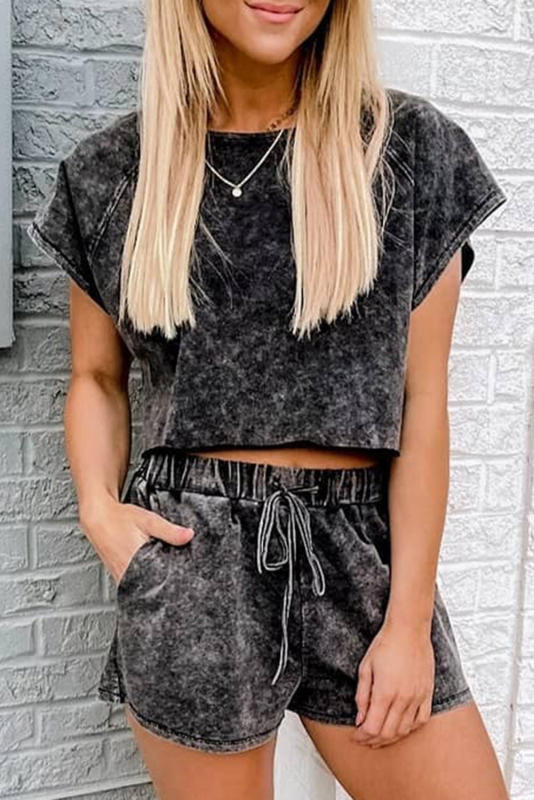 Black Acid Washed Short Lounge Set LC15475-2