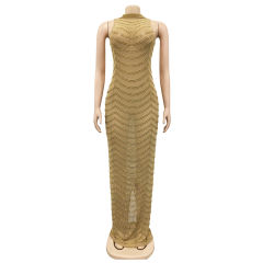 Gold Mesh Studded See Through Open Back Maxi Dress TQK311241-12