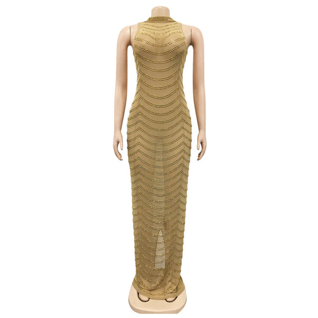 Gold Mesh Studded See Through Open Back Maxi Dress TQK311241-12