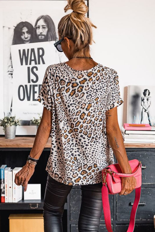 Leopard Print Loose Fit V Neck Short Sleeve T Shirt  LC25220649-20