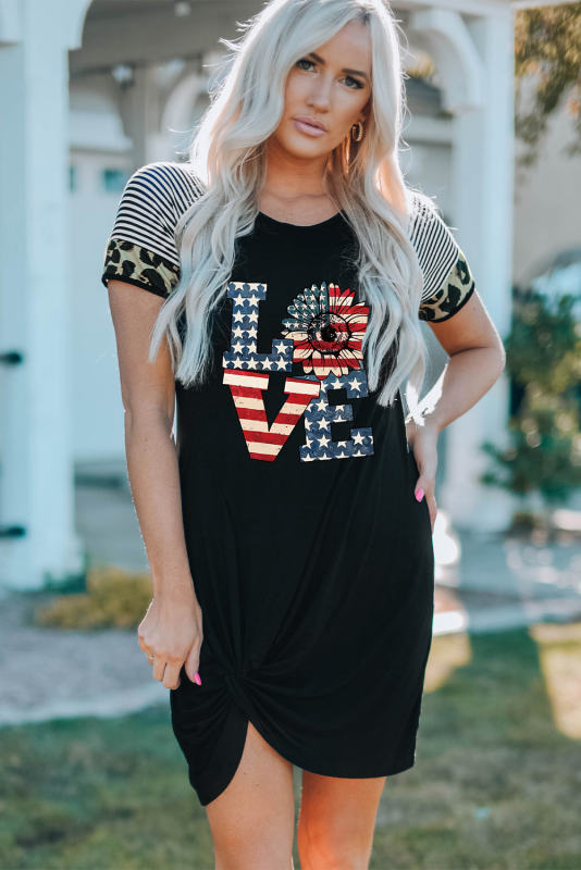 Black America-Flag LOVE Print Striped Leopard Short Sleeve T-Shirt Dress LC6116226-2