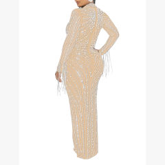 Apricot Rhinestone Mesh Long Sleeve Maxi Dress TQK311551-18