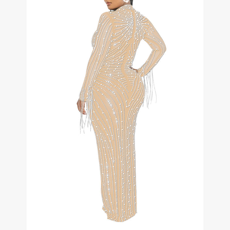 Apricot Rhinestone Mesh Long Sleeve Maxi Dress TQK311551-18