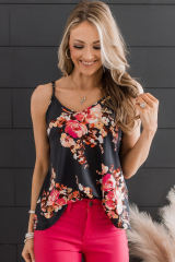 Black Floral Print Adjustable Spaghetti Strap V Neck Tank Top LC2568497-2