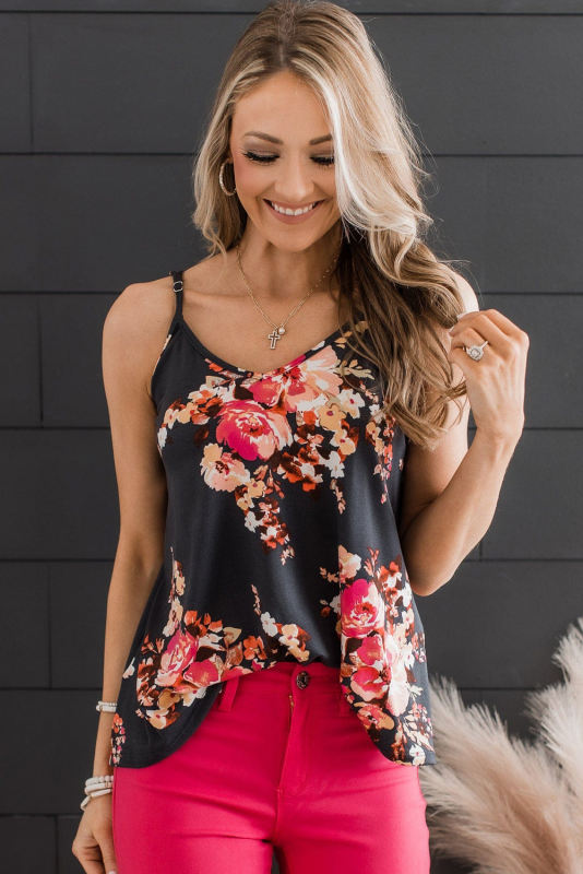 Black Floral Print Adjustable Spaghetti Strap V Neck Tank Top LC2568497-2