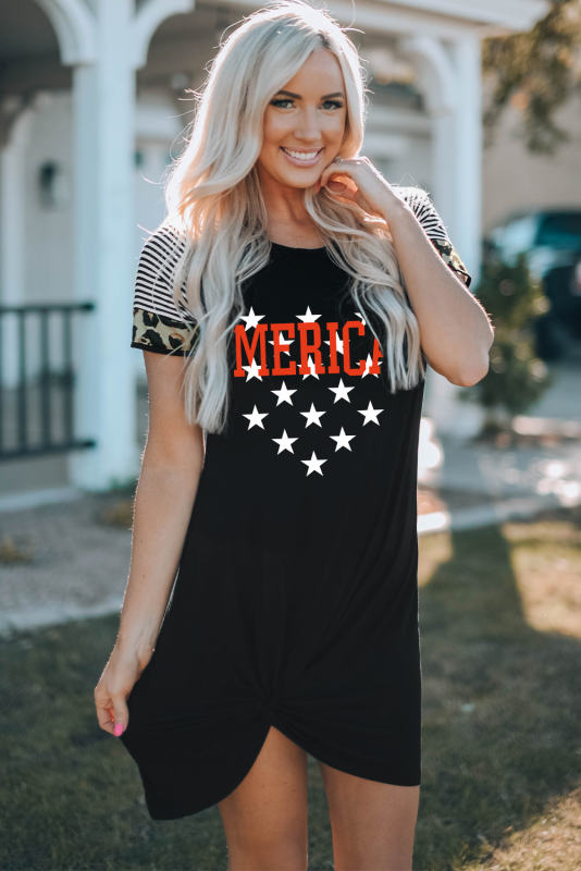 Black MERICA &amp; Star Print Striped Leopard Short Sleeve T-Shirt Dress LC6116227-2