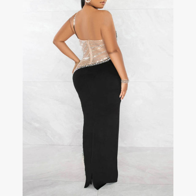 Black Rhinestone Pearl Mesh One-shoulder Maxi Dress TQK311552-2
