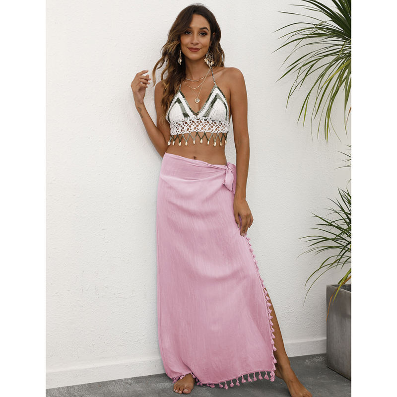 Pink Splicing Tassels Irregular Beach Maxi Skirt TQK650100-10