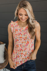 Red Floral Ribbed Knit Frill Tank Top LC2568607-3