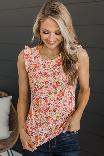 Red Floral Ribbed Knit Frill Tank Top LC2568607-3