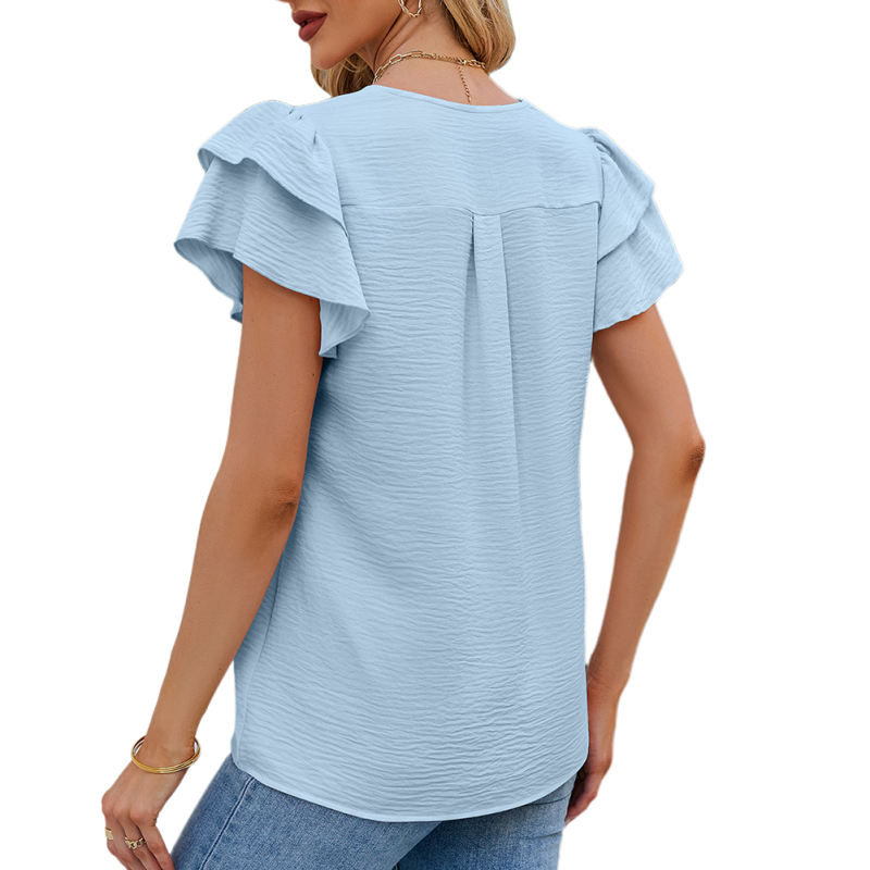 Light blue Chiffon V-neck Ruffled Short Sleeve Top TQG22001-30