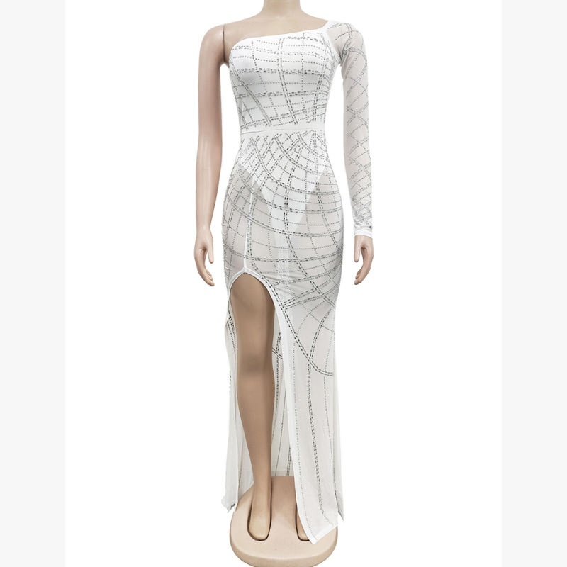 White Off Shoulder Mesh Rhinestone High Split Maxi Dress TQK311550-1