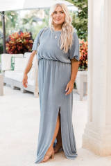 Sky Blue Plus Size Short Sleeves Rib Knit Maxi Dress with Slit PL61549-4