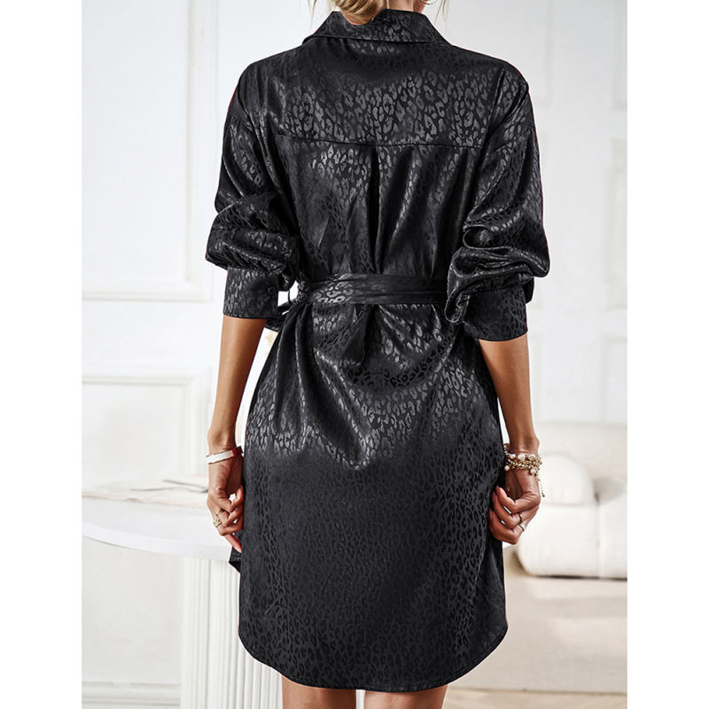 Black Satin Leopard Print Shirt Dress with Belt TQH310106-2
