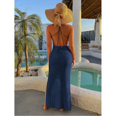 Navy Blue Backless High Split Beach Cover Dress TQK650107-34