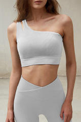 Gray Single Split Shoulder Ribbed Cropped Sports Top LC264429-11